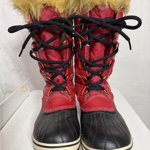Sorel Red and Black Lace-Up Boots with Fur Trim